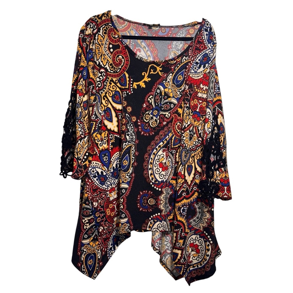 MELISSA PAIGE WOMAN Boho Style Tunic Sharkbite Hem Vibrant Paisley Sleeves 3X